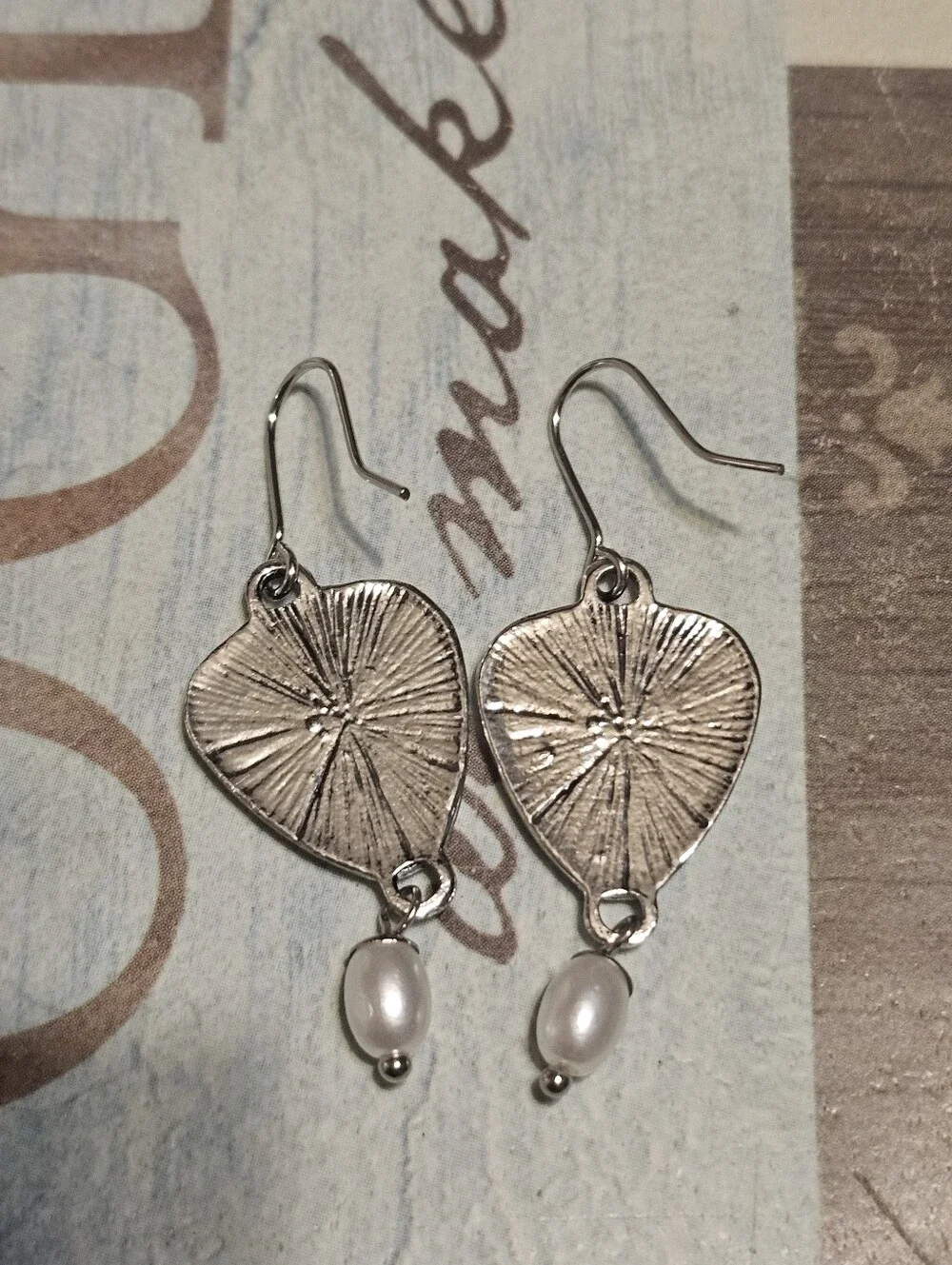 Unique Silver Tone Moon & Sun Pearl Dangle Earrings